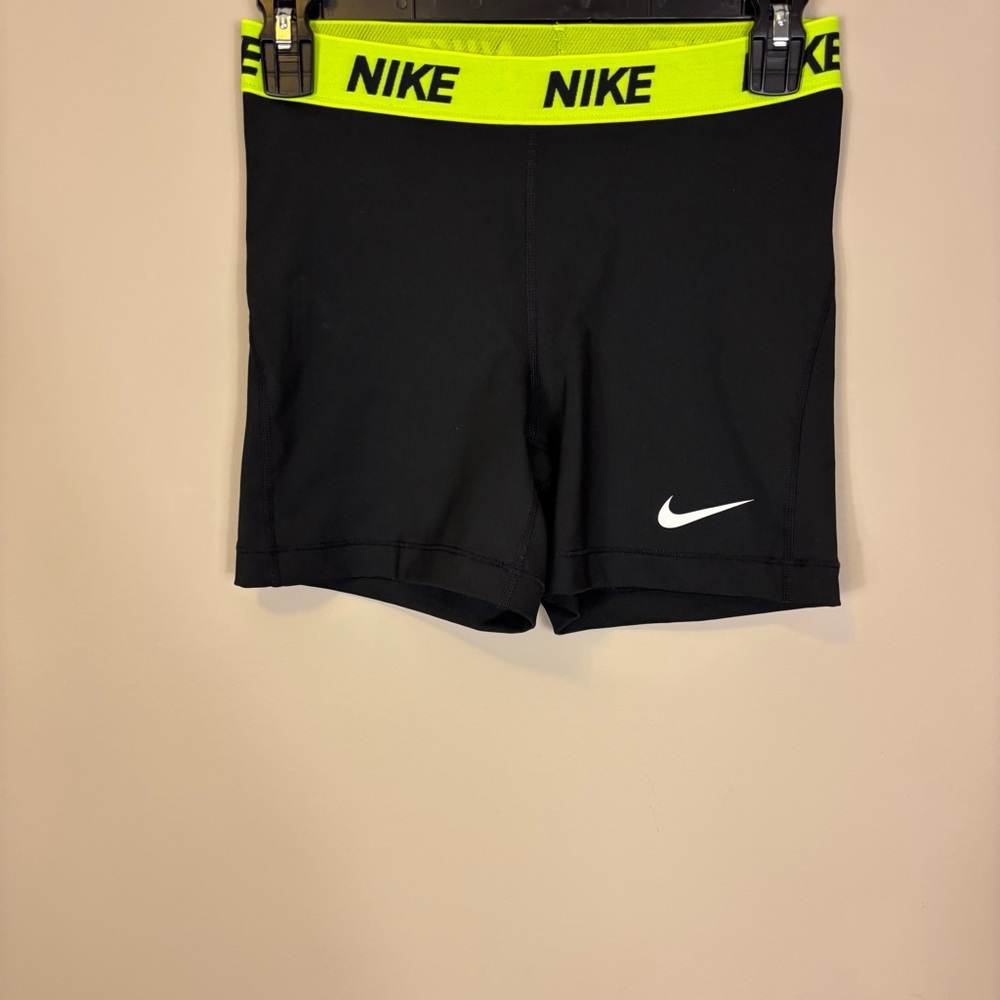 Nike‎ Black Athletic Spandex Shorts with Neon Yellow Waistband Medium